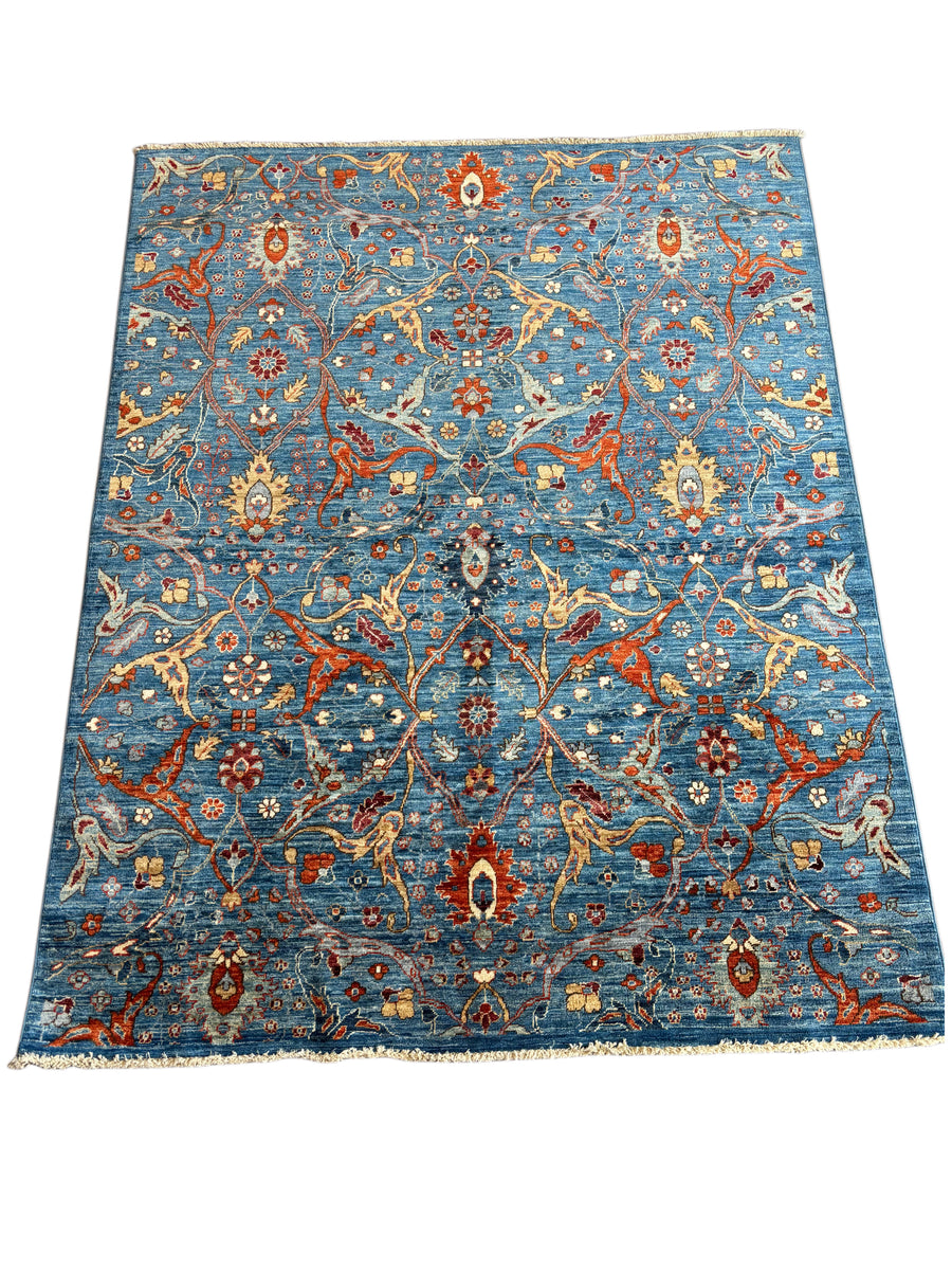 Handmade Blue Wool Area Rug – Traditional Floral Design – 5’2” × 6’9”