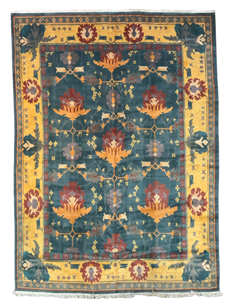 Hand-Knotted Tibetan Wool Rug – Teal & Gold – 11’11” x 16’5”