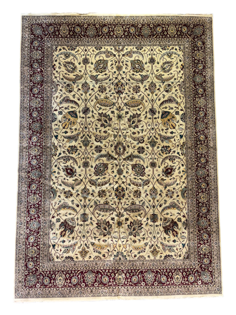 Hand-Knotted Wool Persian Style Rug – Ivory & Burgundy Floral Design – 9’11” x 14’1”