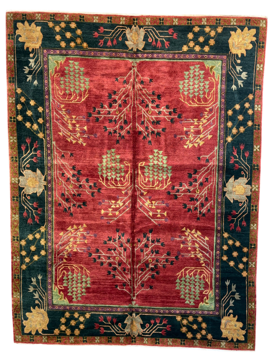 Crimson & Deep Green Botanical Design Tibetan Wool Rug – 8’8” x 11’7”