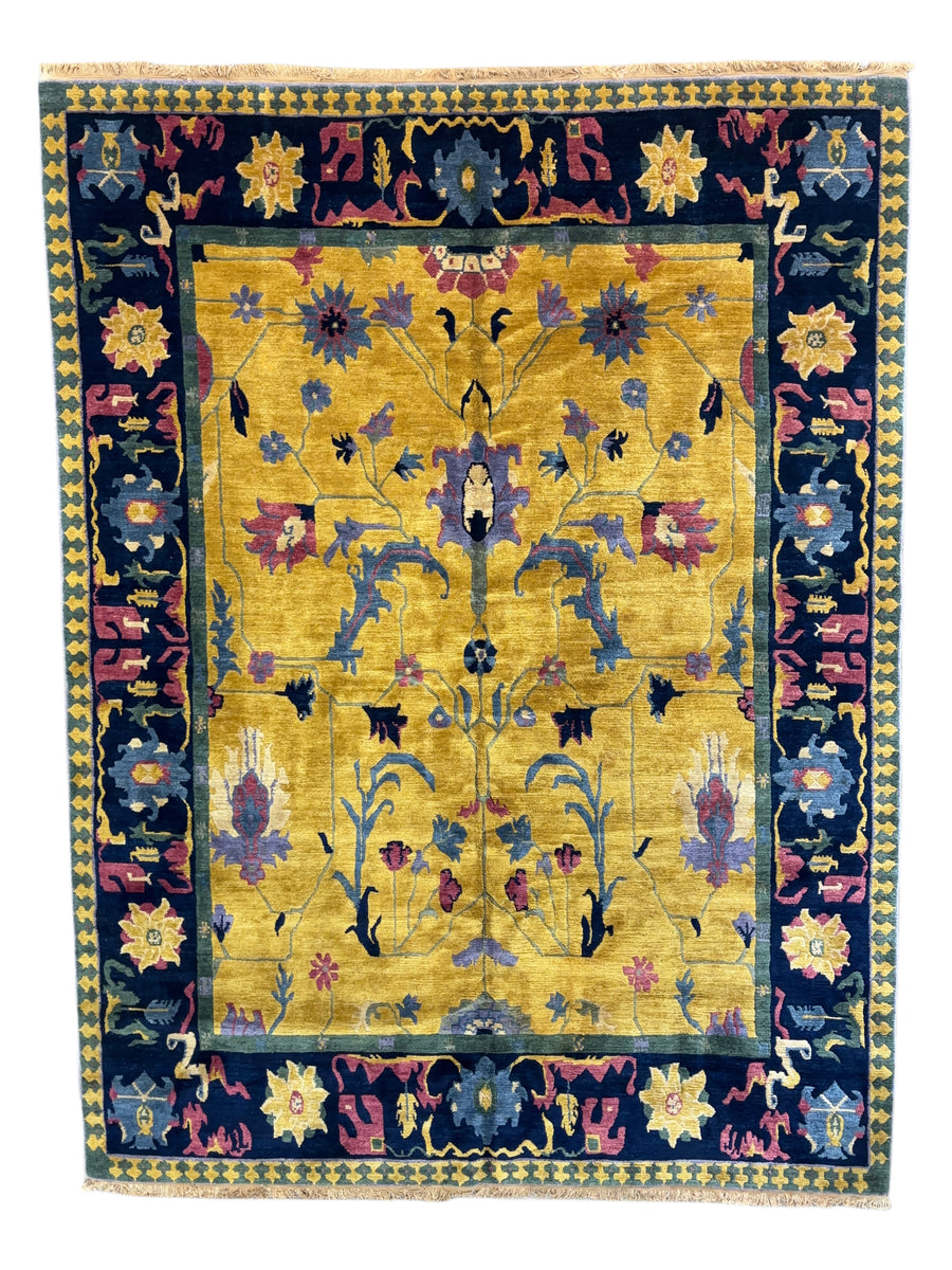 Gold & Navy Floral Design Tibetan Wool Rug – 8’9” x 11’6”