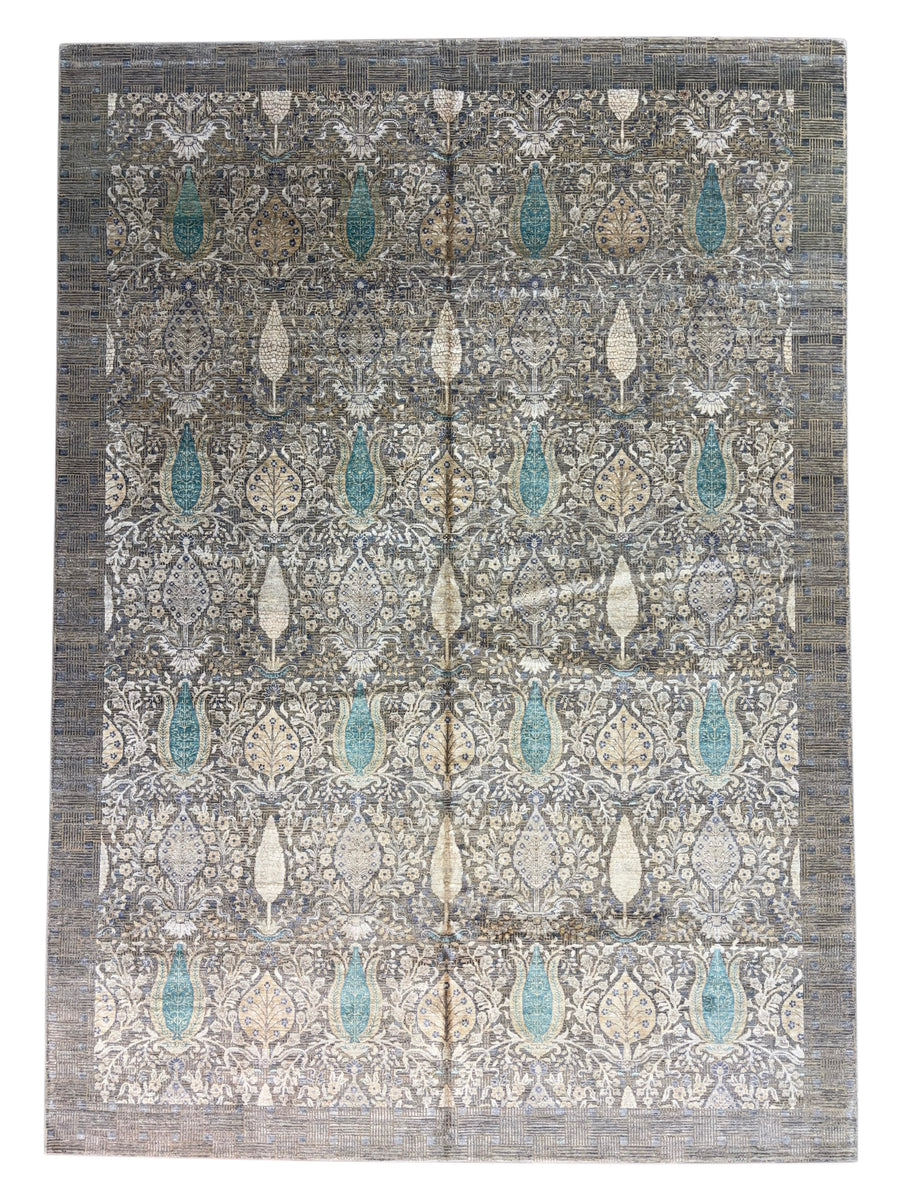 Luxury Handwoven Wool & Silk Botanical Rug – Charcoal Gray with Teal & Ivory Accents – 10’1” × 14’2”