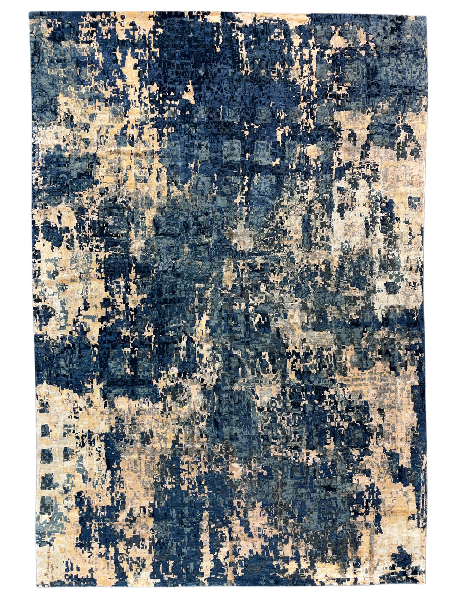 Navy Blue & Gold -Modern Abstract Art Silk Area Rug | 10.0’ x 14.7’