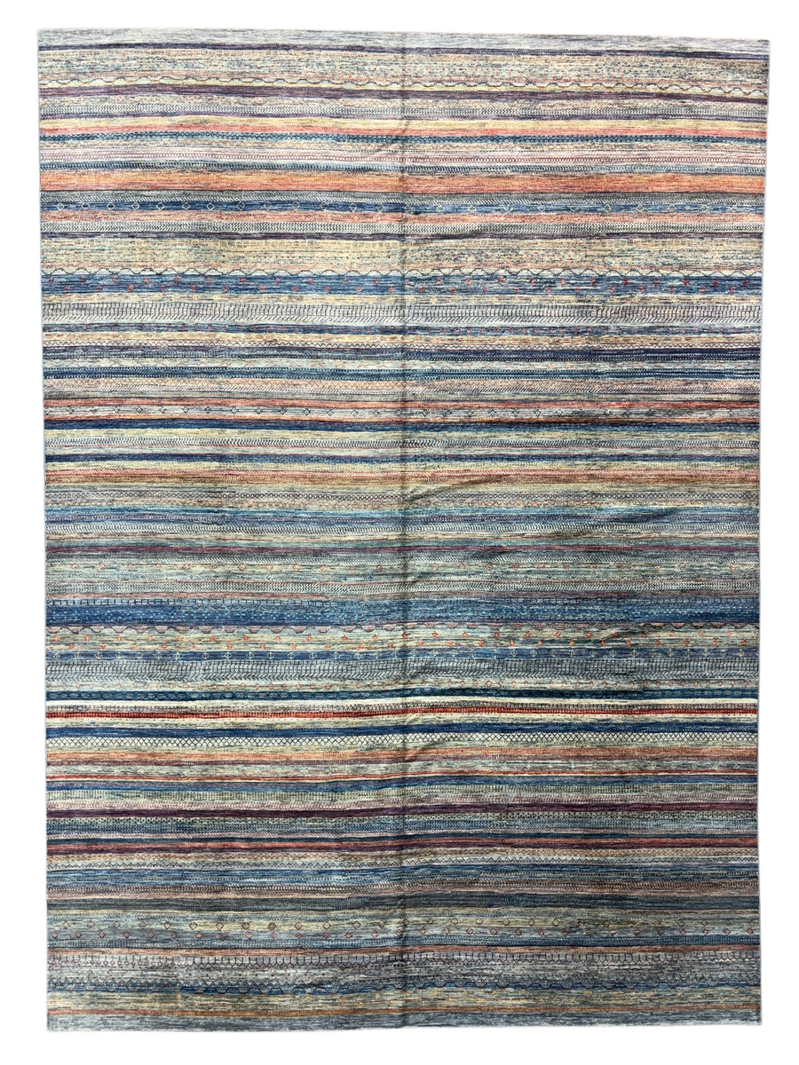 Modern Striped Wool Rug in Blue, Ivory & Rust – 10’0” × 13’10”