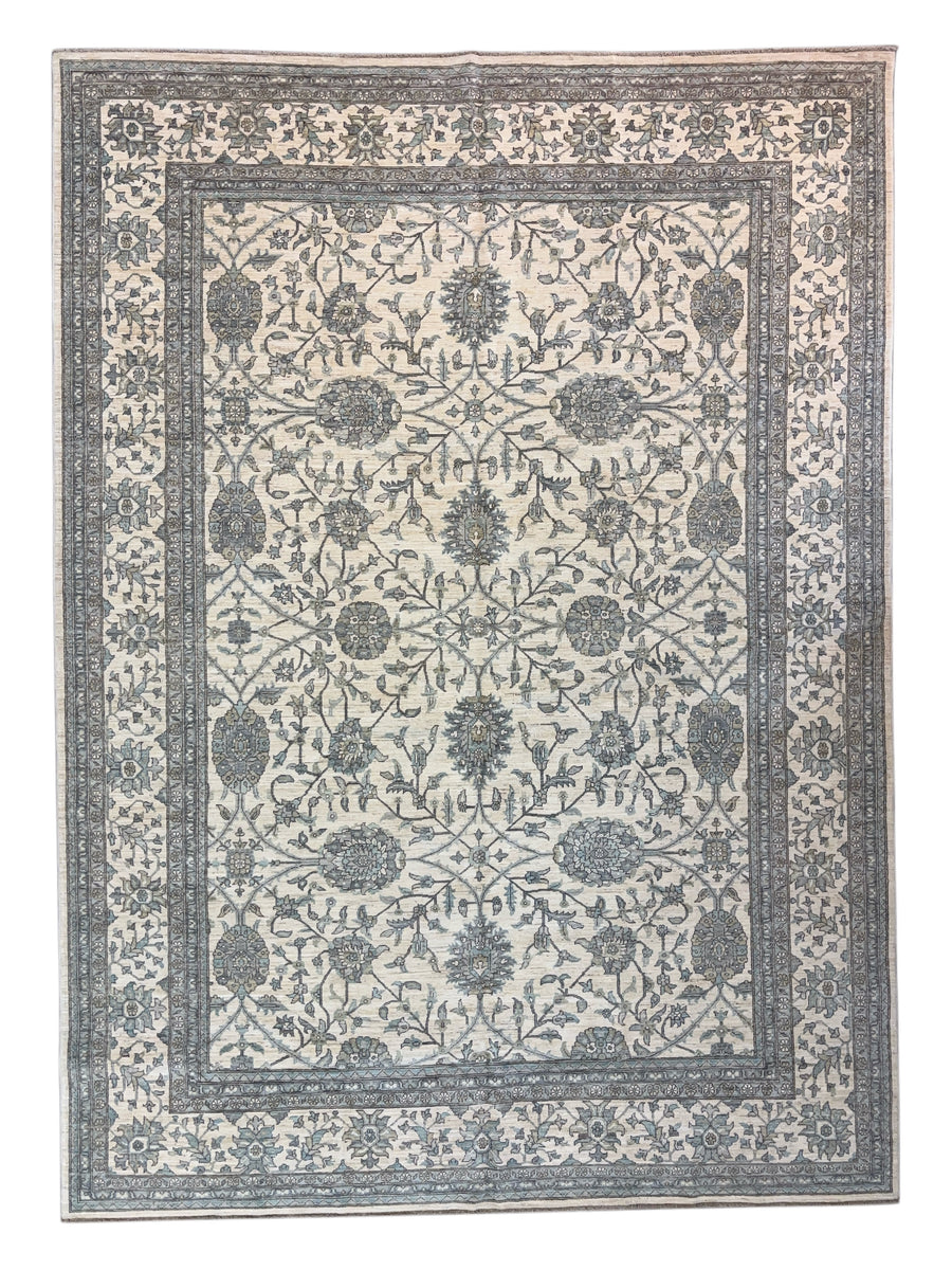 Ivory, Sky Blue & Slate Gray Botanical Floral Design - Handcrafted Wool Area Rug – 9.9’ x 12.4’