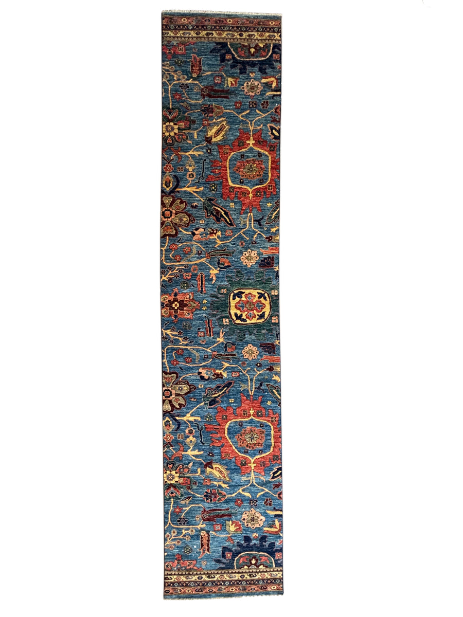 Hand-Knotted Blue Floral Runner Rug - Traditional Wool Hallway Runner - 3.0 x 14.10