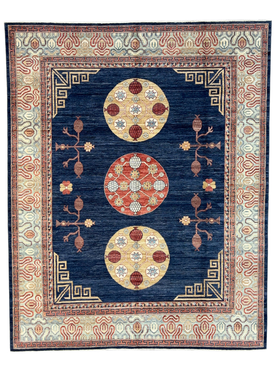 Hand-Knotted Art Deco Wool Rug | Navy Blue, Ivory & Rust Geometric Design | 8.2 x 10.2
