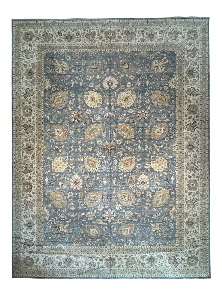 Oversized Handmade Traditional Wool Rug – Blue, Ivory & Taupe | 14’10” × 19’6”