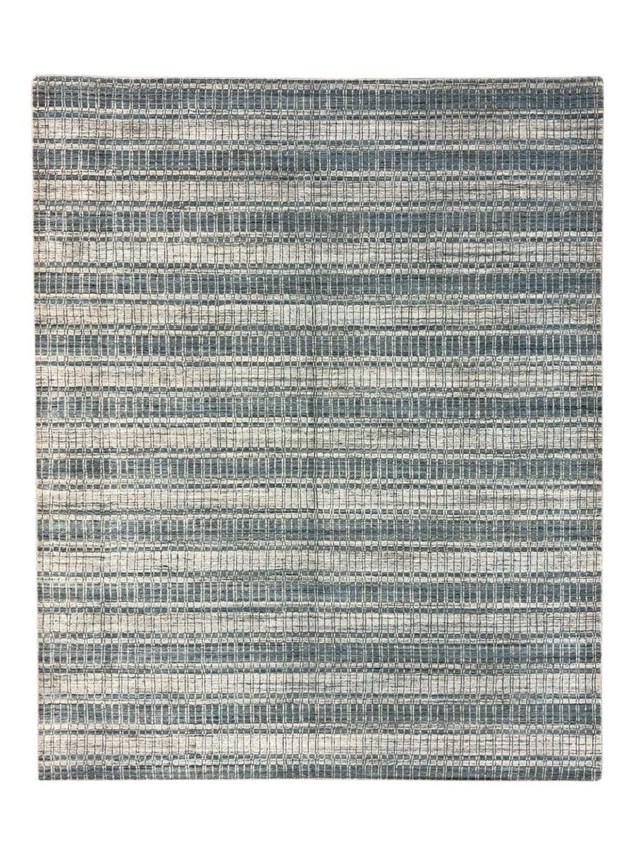 Blue Gray & Ivory Linear Design - Handmade Modern Wool Rug – 8’1” × 10’1”