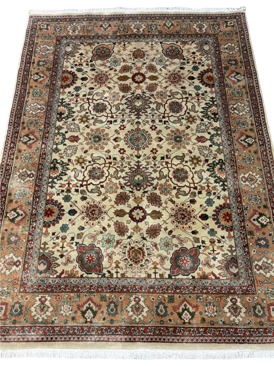 Ivory, Camel & Burgundy - Handmade Traditional Wool Rug – 5’0” × 6’10”