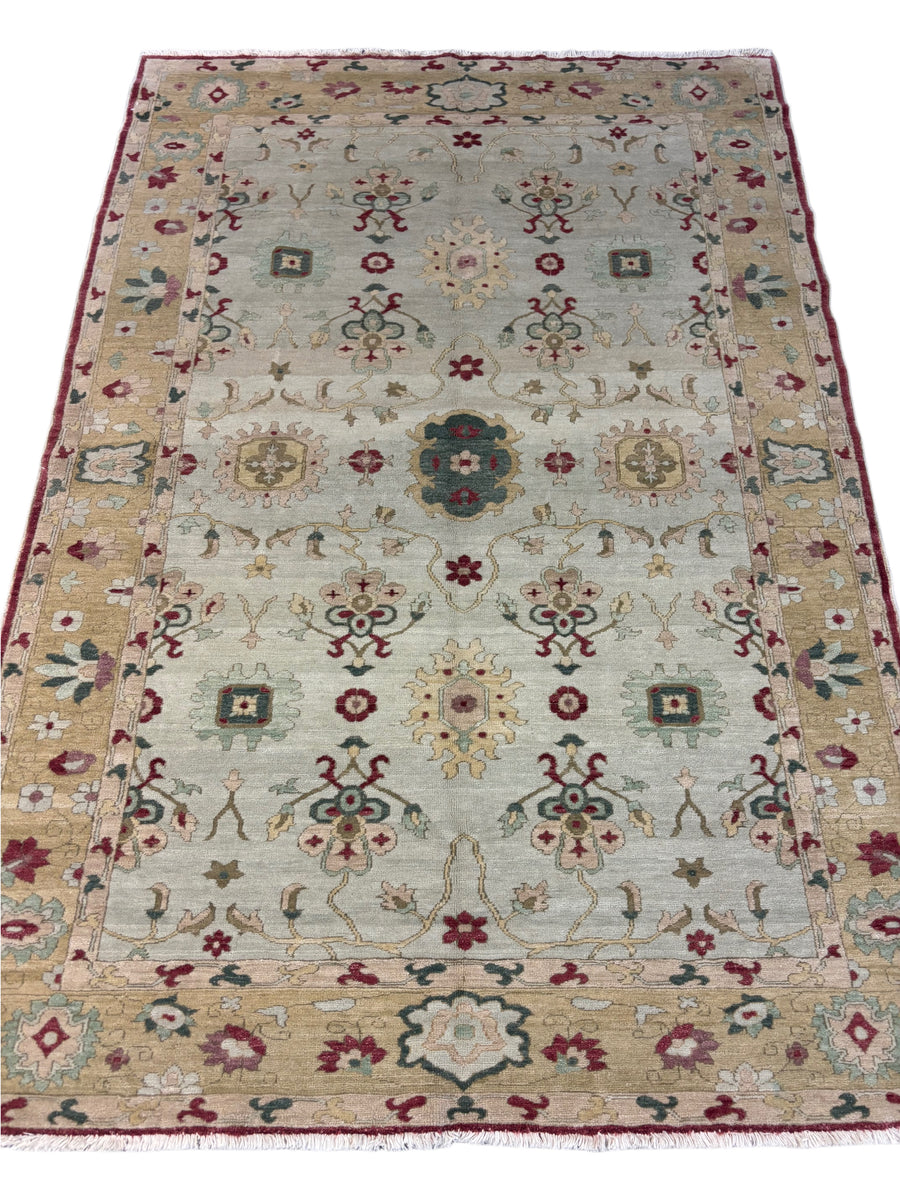 Ivory, Beige & Burgundy Traditional Floral Design – Hand-Knotted Egyptian Wool Rug – 5.6’ x 8.3’