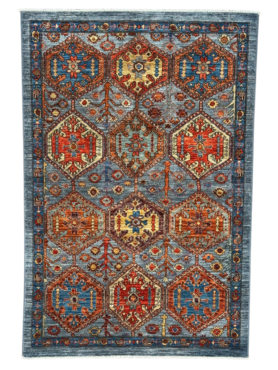 Hand-Knotted Kazak Wool Rug – Blue, Rust & Ivory Geometric Design – 4.1’ x 6.1’