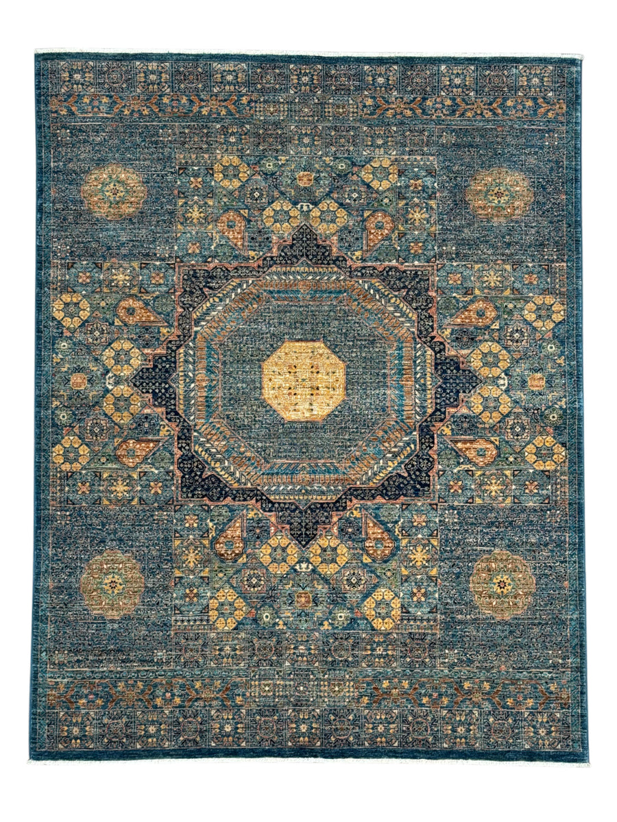 Blue, Green & Gold Geometric Medallion Design – Hand-Knotted Mamluk Wool Rug – 4.11’ x 6.4’
