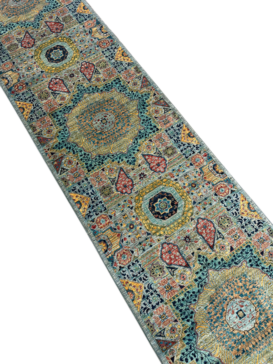 Sage Green, Teal & Gold Ornate Medallion Wool Runner Rug – 2.8’ x 13.0’