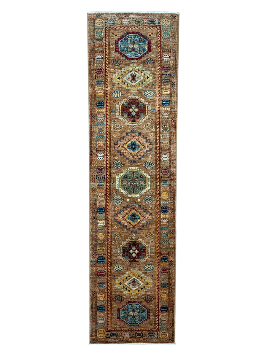 Camel, Teal & Rust Geometric Medallion Wool Runner Rug – 2.8’ x 9.11’