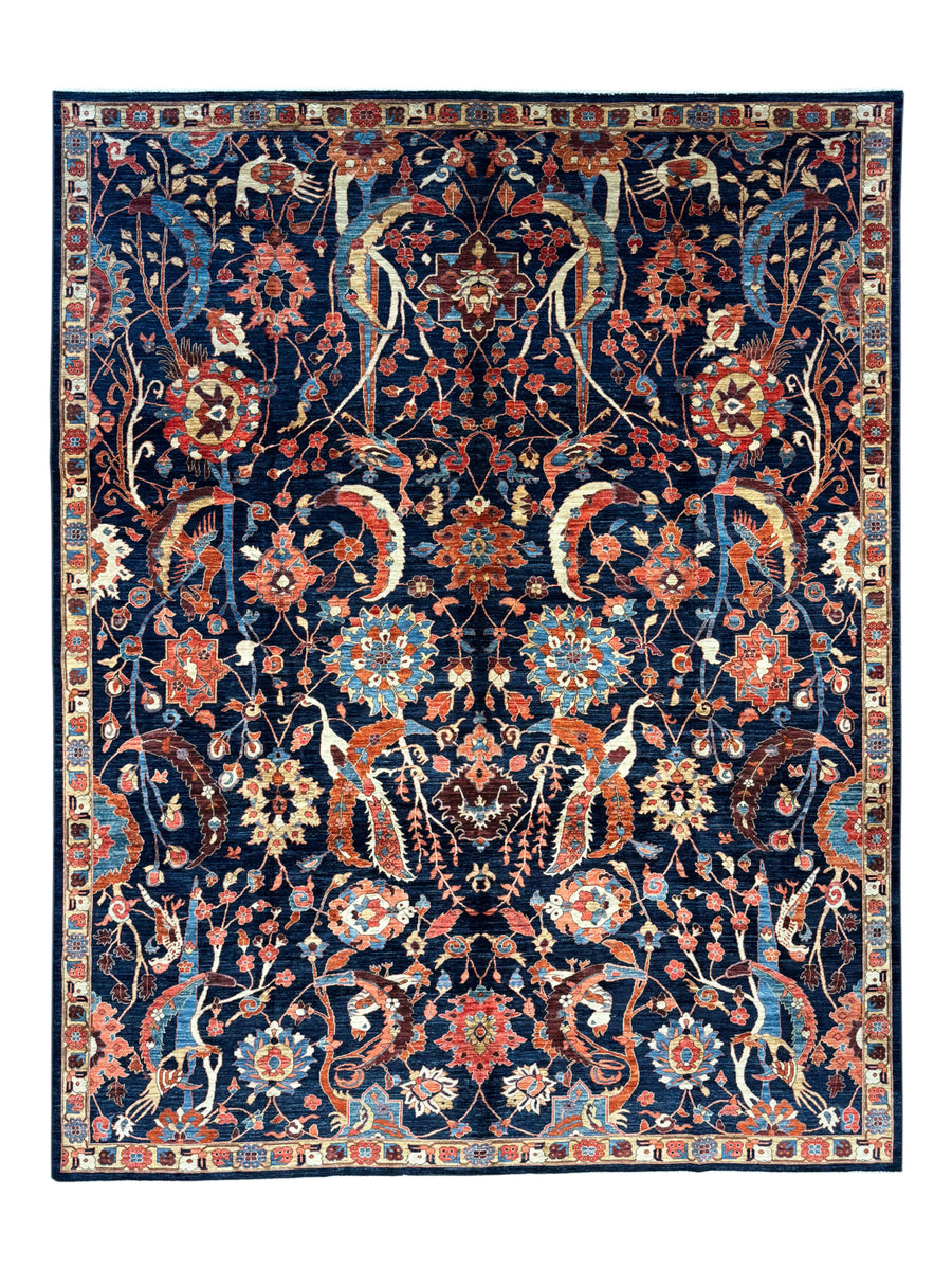 Deep Navy, Rust & Blue Botanical Wool Rug with Birds – 9.0’ x 11.6’