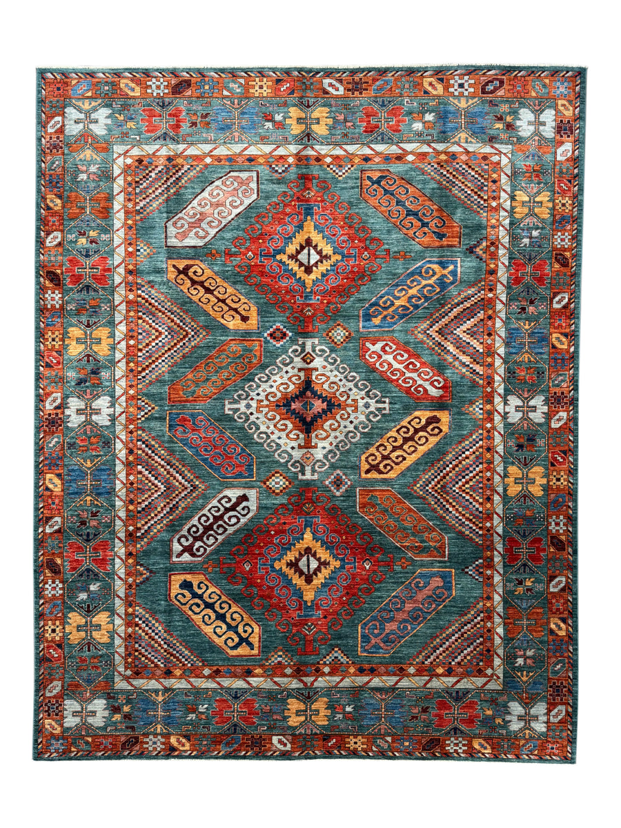 Teal, Rust & Gold Geometric Medallion Wool Rug – 9.0’ x 11.5’