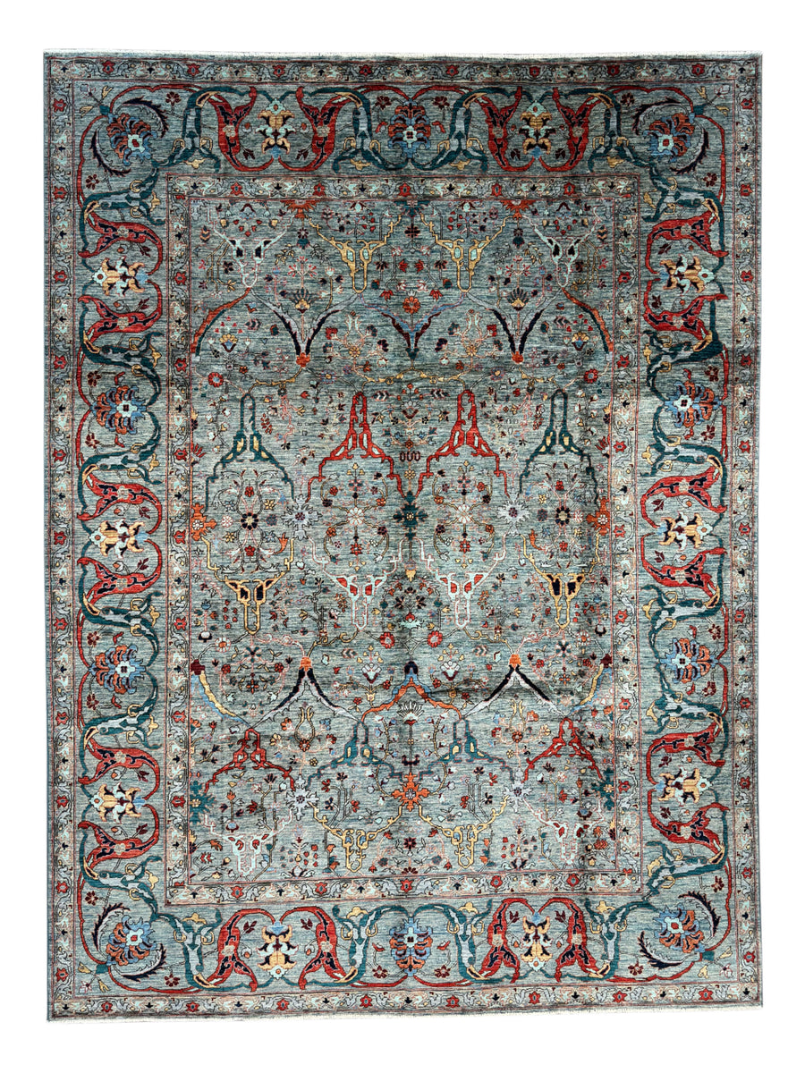 Soft Blue, Rust & Ivory Floral Wool Rug – 8.10’ x 11.10’