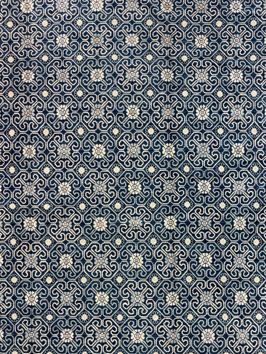Navy Blue & Ivory Geometric Oversized Square Rug – 14.1’ x 14.5’