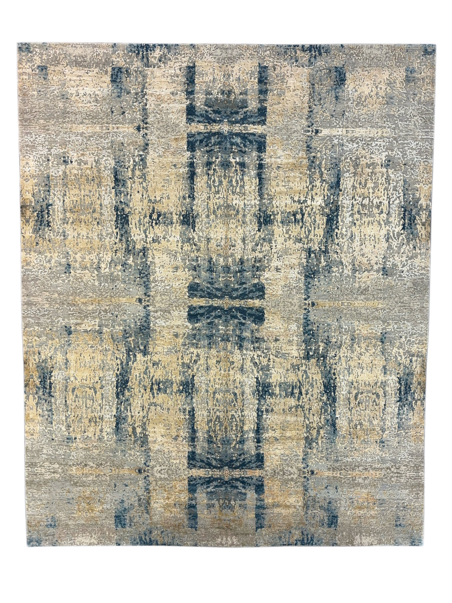 Gray, Ivory & Deep Blue Abstract Modern Rug – 8.0’ x 9.10’