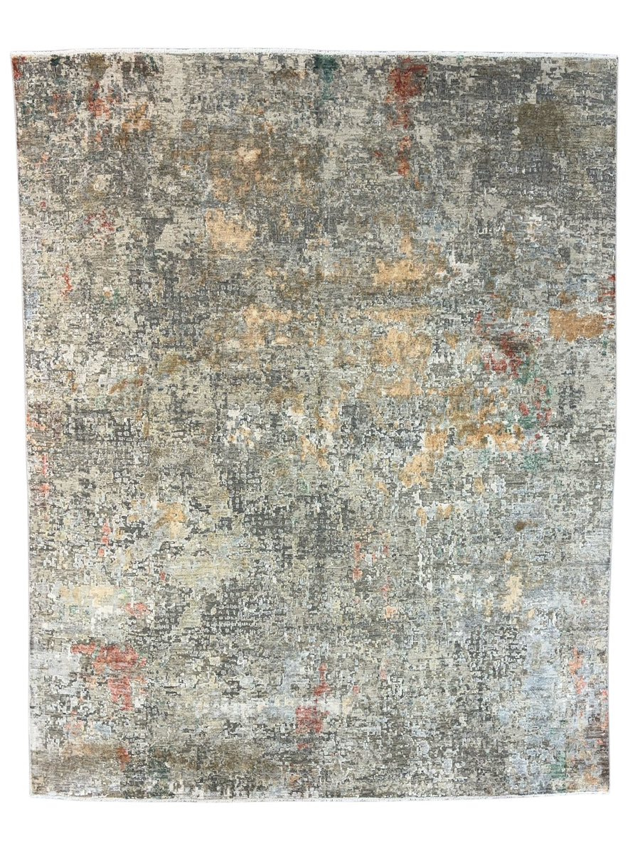 Gray, Beige & Rust Abstract Art Silk Rug – 7.11’ x 10.0’