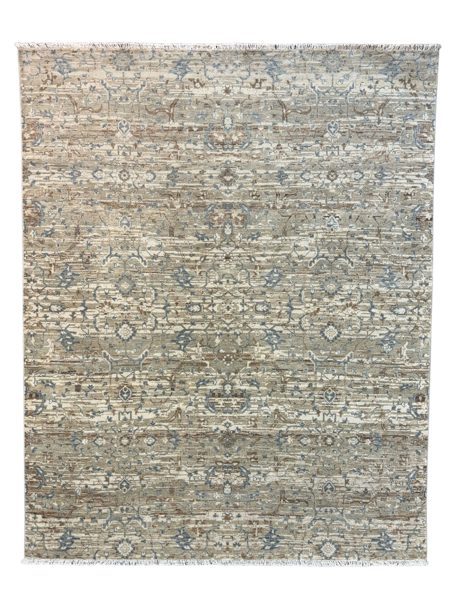 Soft Beige, Taupe & Light Blue Distressed Floral Rug – 8.0’ x 10.0’
