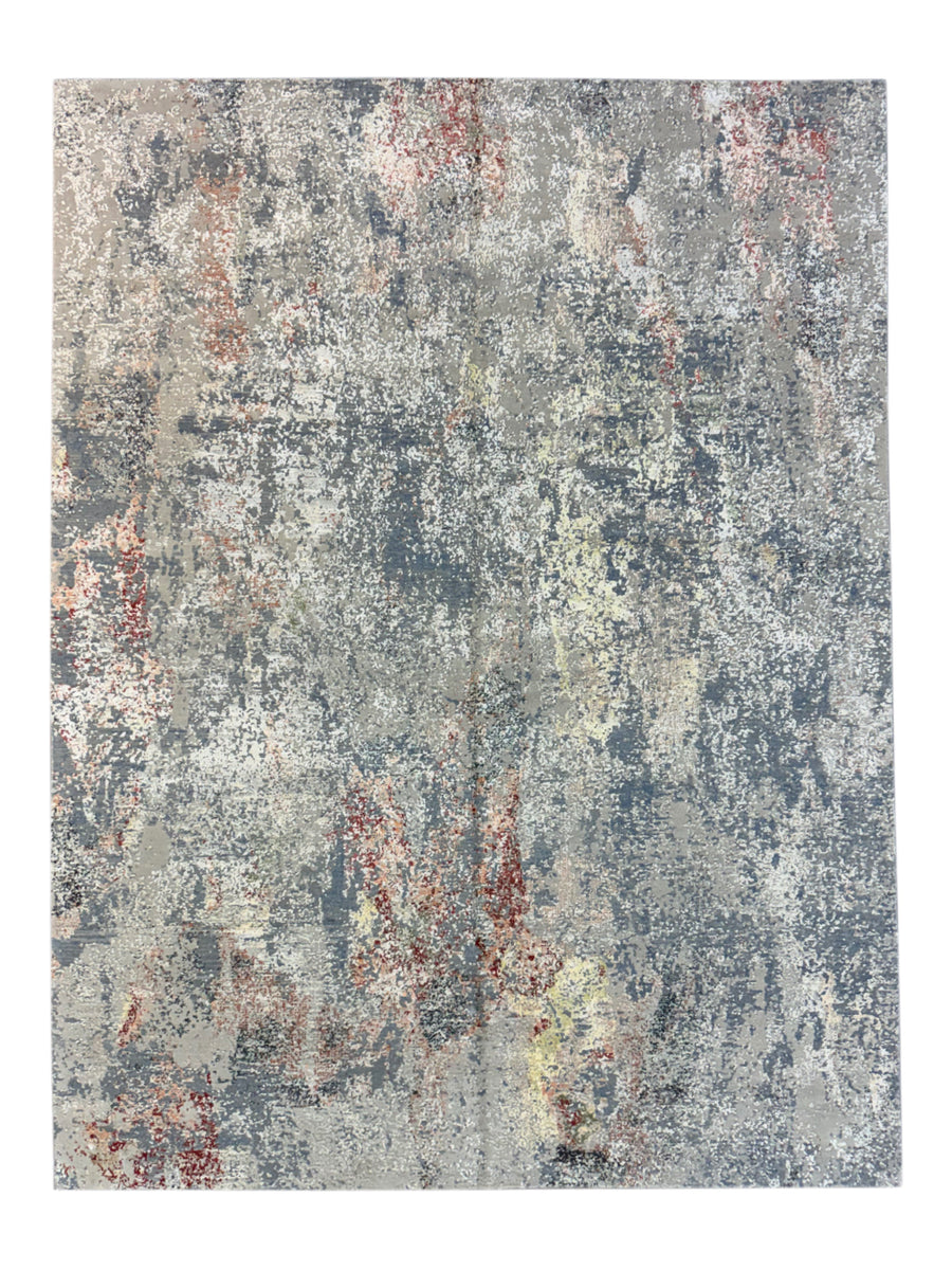 Gray, Blue & Rust Textured Abstract Art Silk Rug – 9.1’ x 11.11’