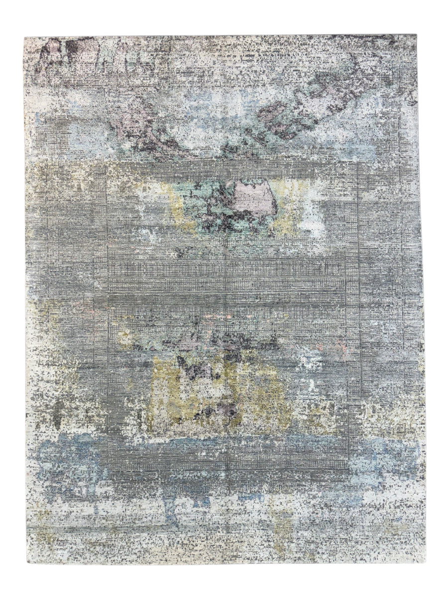 Gray, Blue & Lavender Abstract Art Silk Rug – 8.11’ x 11.11’