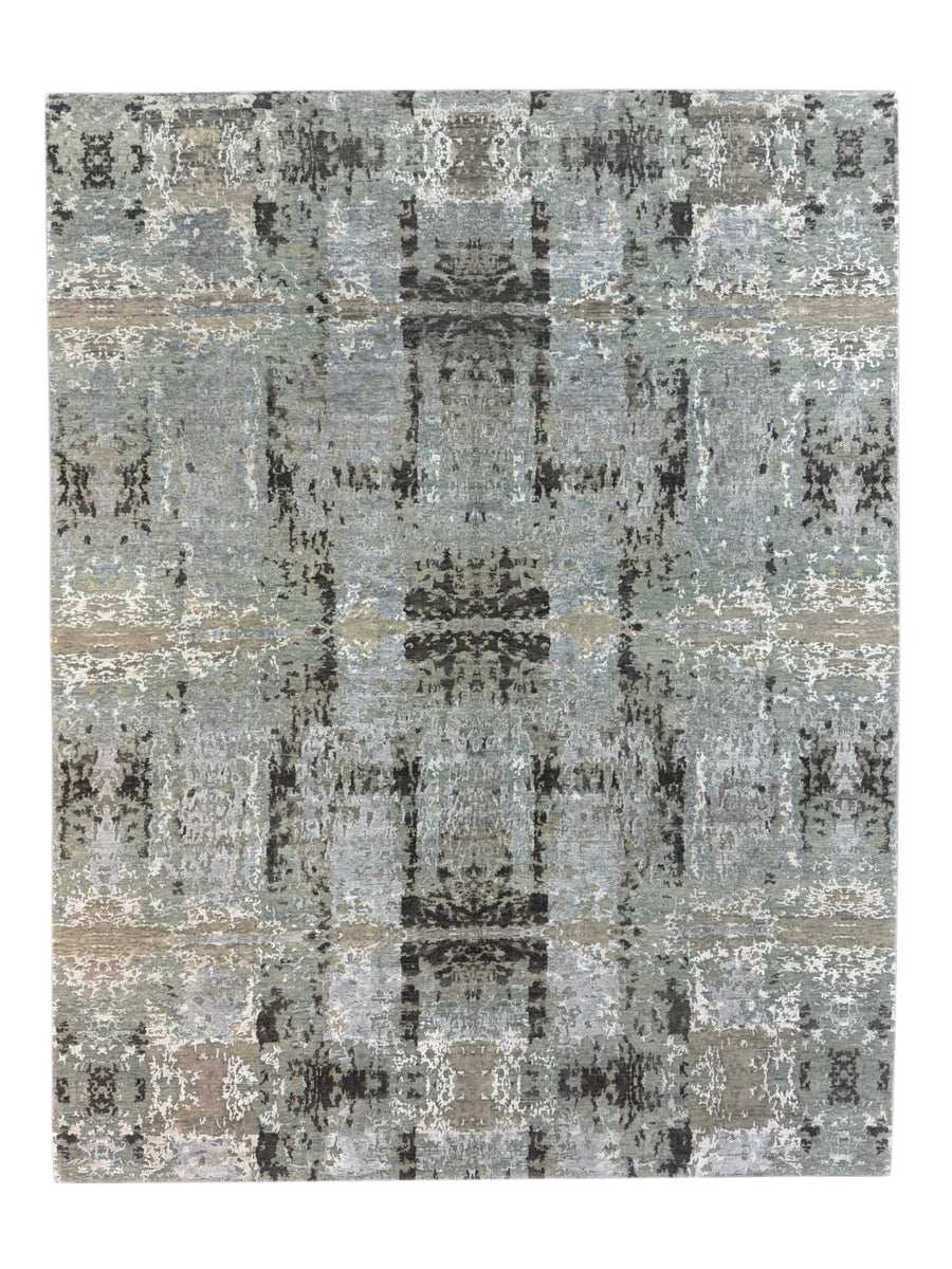 Soft Gray, Sage & Charcoal Abstract Art Silk Rug – 9.0’ x 11.8’