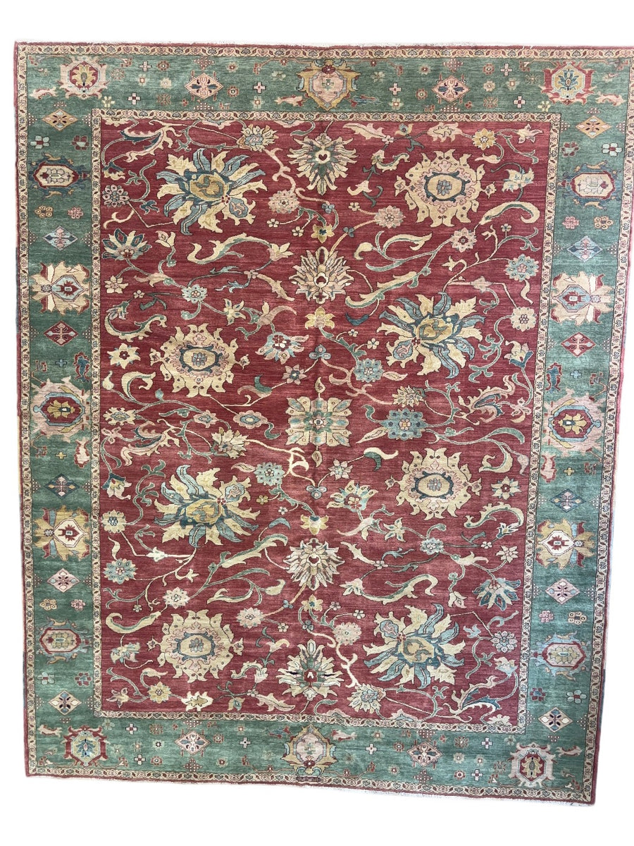 Hand-Knotted Botanical Wool Rug – Burgundy & Teal Floral Design – 10’6” x 13’1”