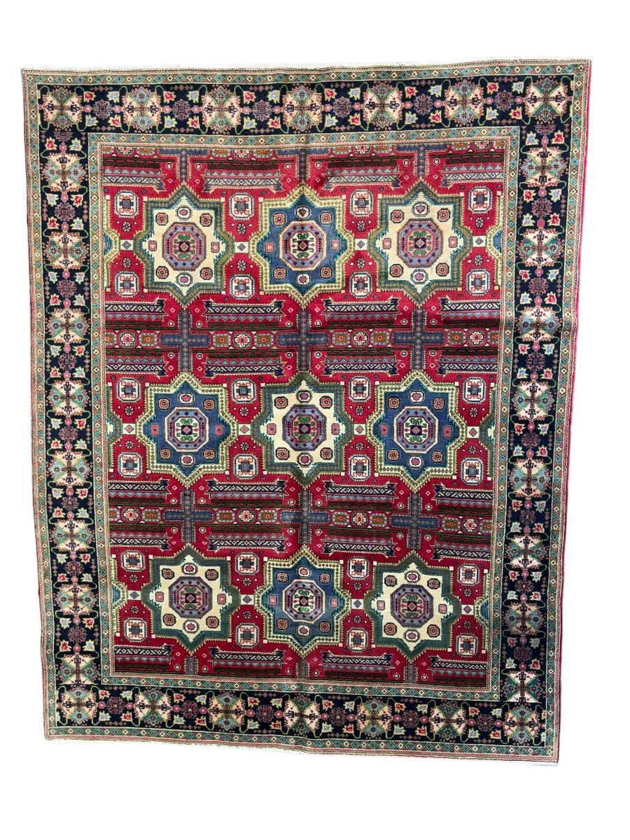 Hand-Knotted Geometric Medallion Wool Rug – Red, Navy & Ivory Design – 9’6” x 12’0”
