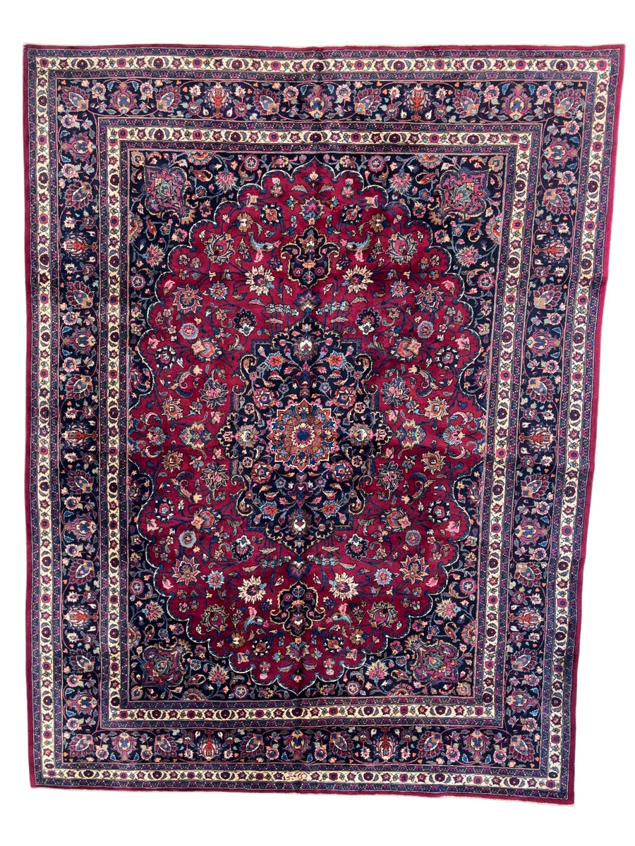 Grand Floral Medallion Wool Rug – Crimson & Navy – 10’0” x 13’2”