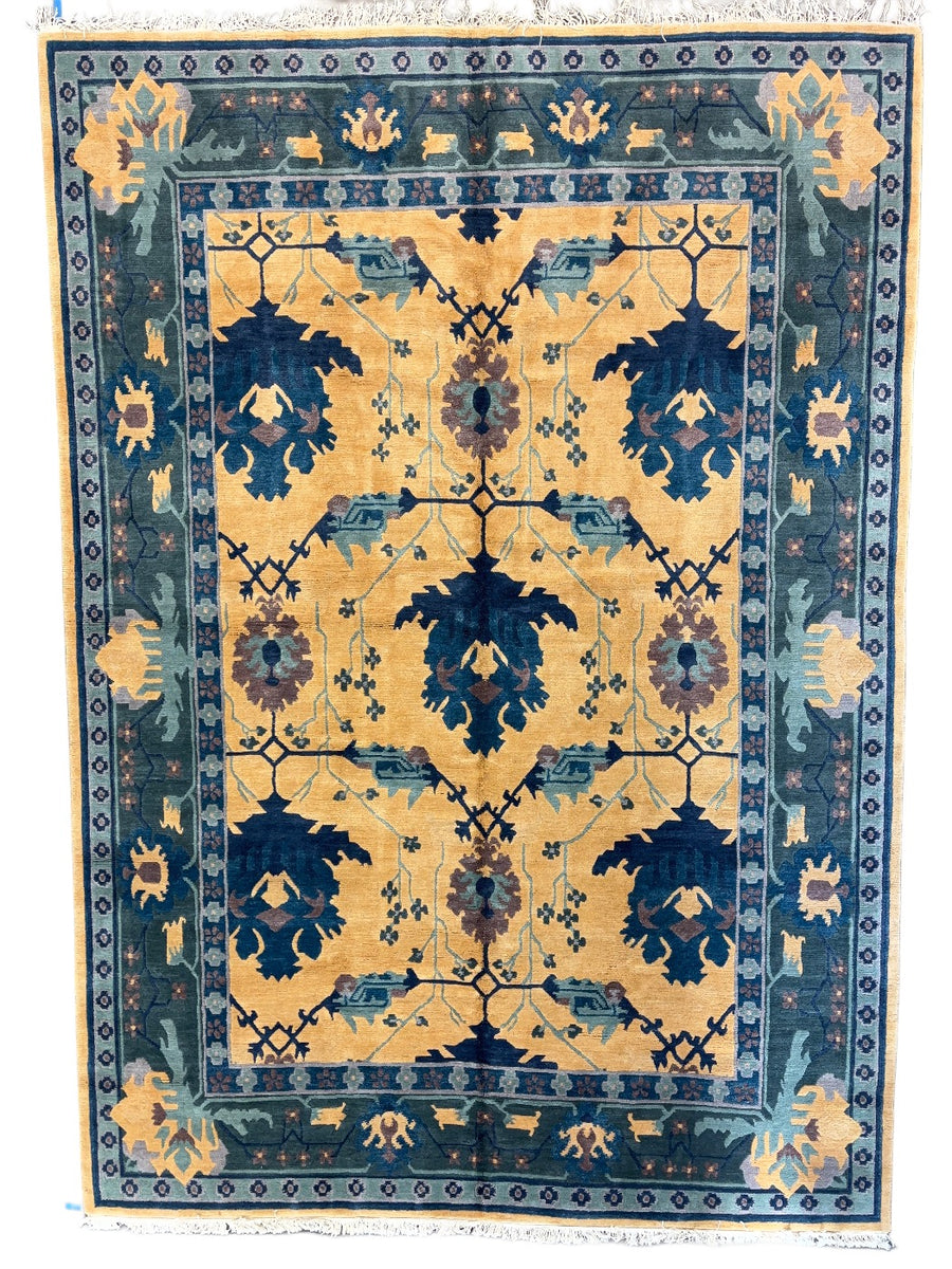 Gold & Blue Traditional Botanical Design Tibetan Wool Rug – 9’9” x 13’10”