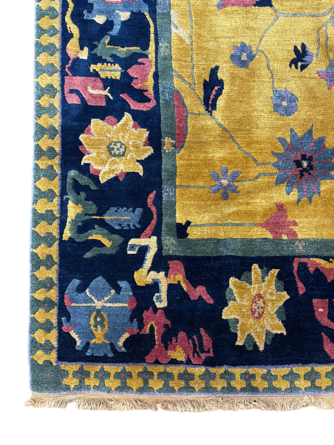 Gold &amp; Navy Floral Design Tibetan Wool Rug – 8’9” x 11’6”
