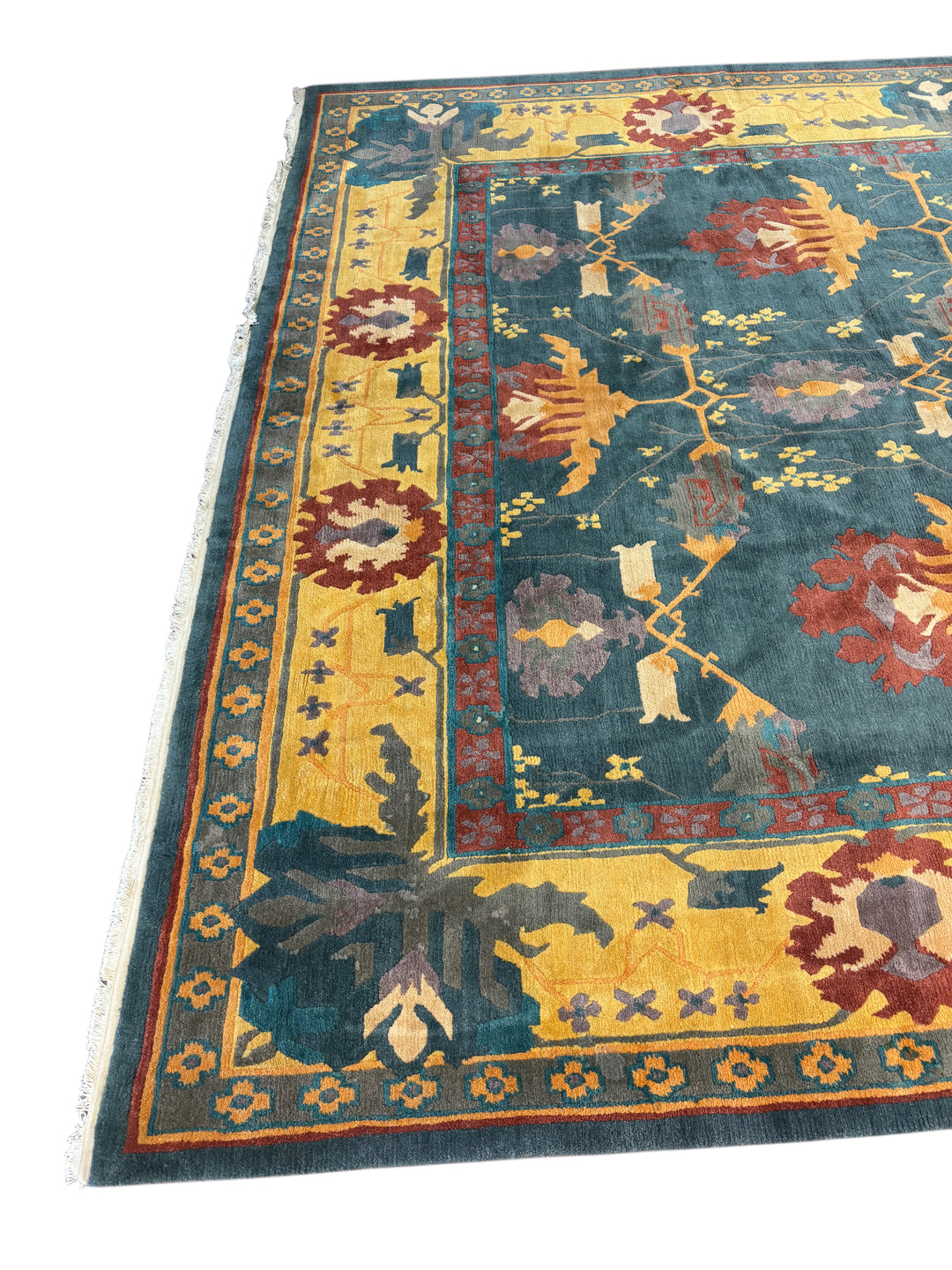 Hand-Knotted Tibetan Wool Rug – Teal &amp; Gold – 11’11” x 16’5”