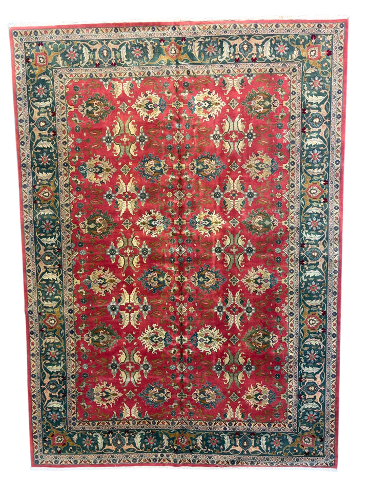 Coral &amp; Teal Floral Design Traditional Wool Rug – 9’11” x 13’8”