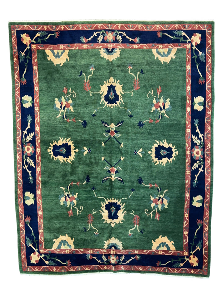 Green &amp; Navy Floral Design Tibetan Wool Rug – 8’8” x 11’2”