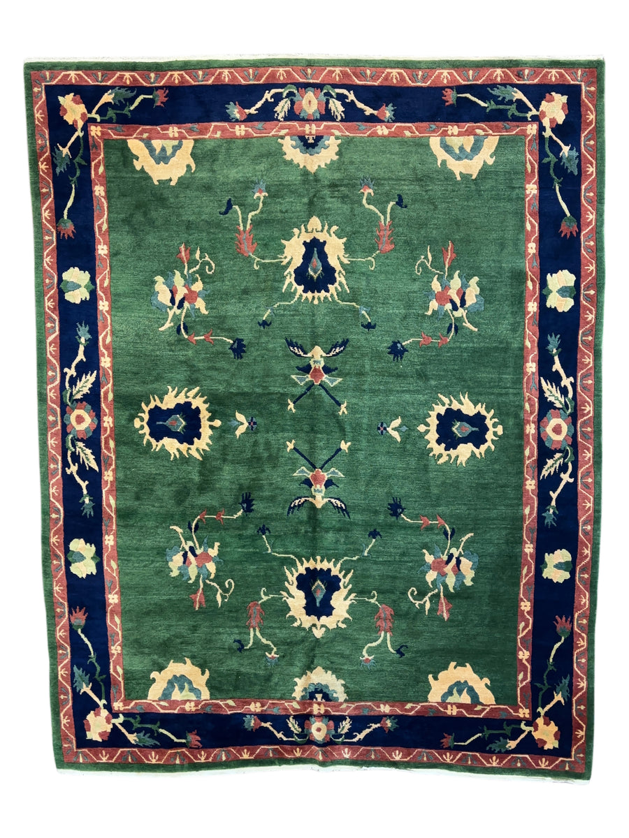 Green & Navy Floral Design Tibetan Wool Rug – 8’8” x 11’2”