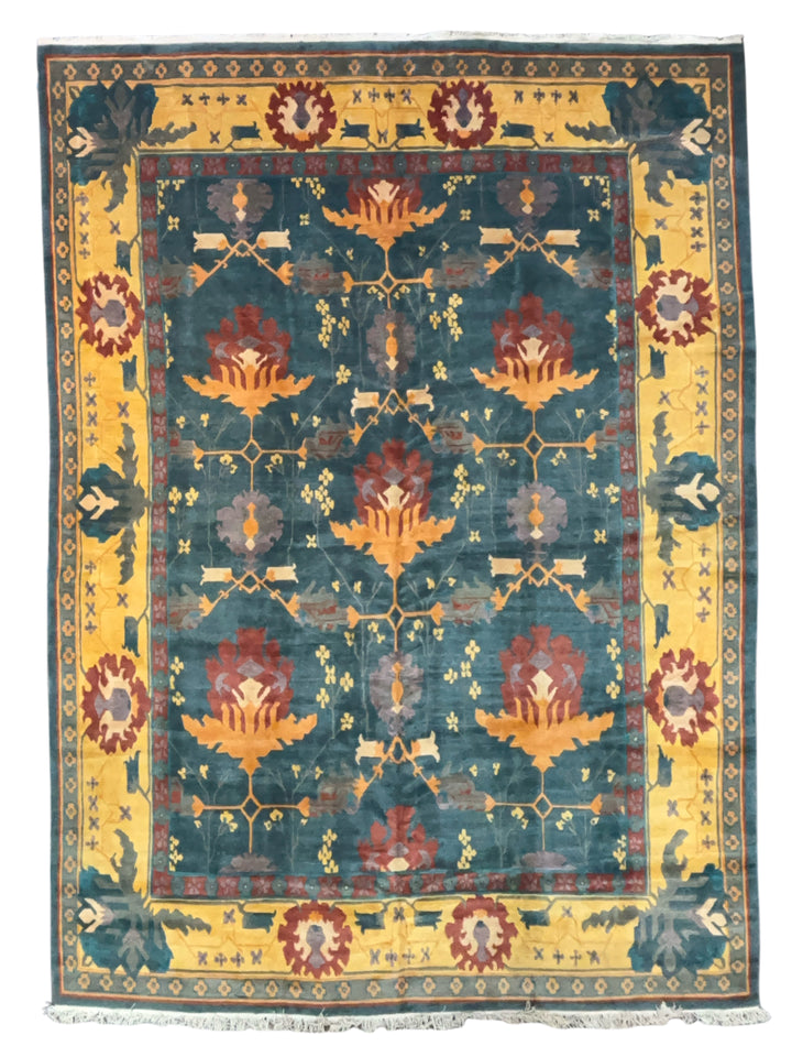 Hand-Knotted Tibetan Wool Rug – Teal &amp; Gold – 11’11” x 16’5”