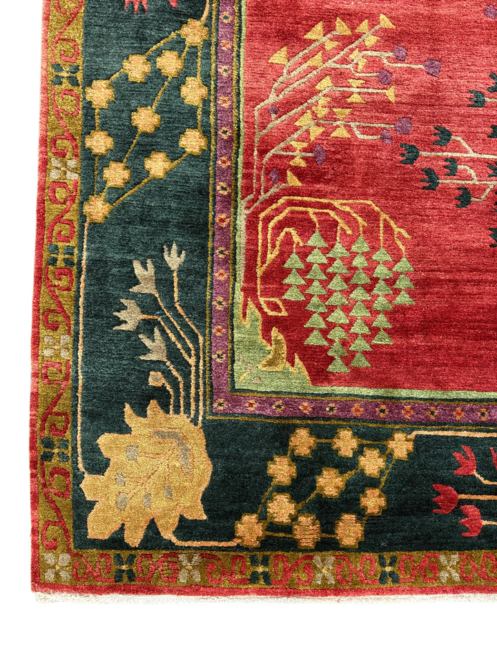 Crimson &amp; Deep Green Botanical Design Tibetan Wool Rug – 8’8” x 11’7”