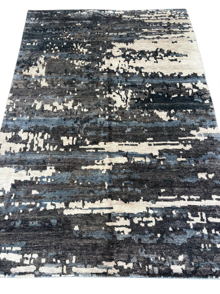 Handmade Modern Abstract Wool & Silk Area Rug – Charcoal, Blue & Ivory – 6’2” × 8’11”