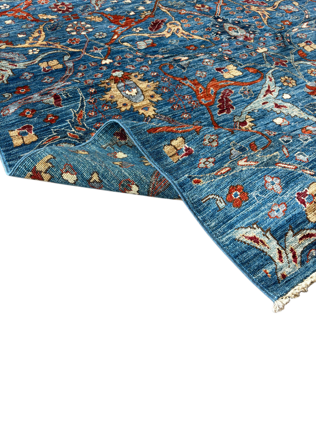 Handmade Blue Wool Area Rug – Traditional Floral Design – 5’2” × 6’9”
