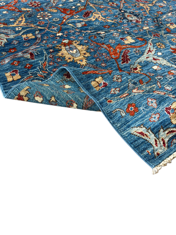 Handmade Blue Wool Area Rug – Traditional Floral Design – 5’2” × 6’9”