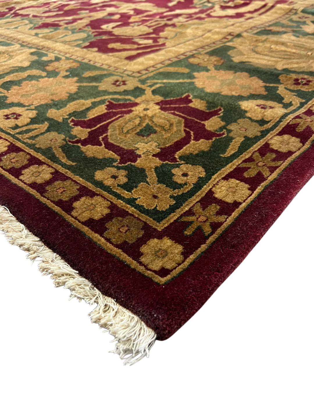 Burgundy &amp; Green Floral Design Hand-Knotted Traditional Wool Rug – 9’11” x 11’7”
