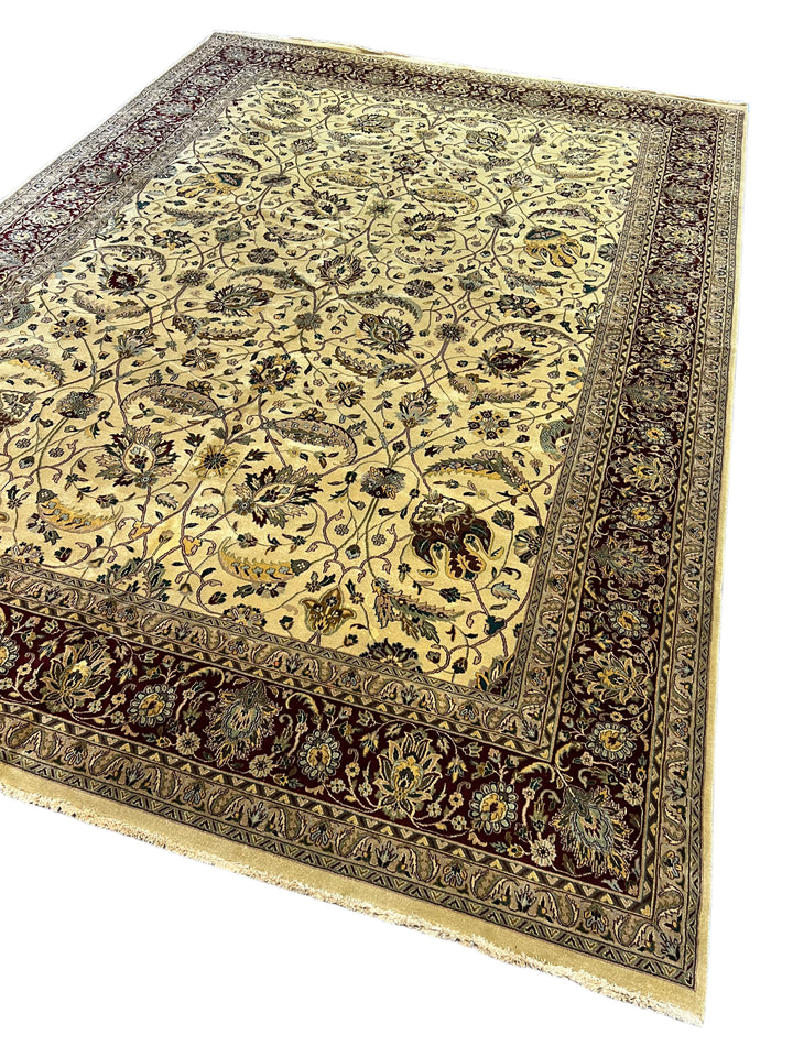 Hand-Knotted Wool Persian Style Rug – Ivory &amp; Burgundy Floral Design – 9’11” x 14’1”