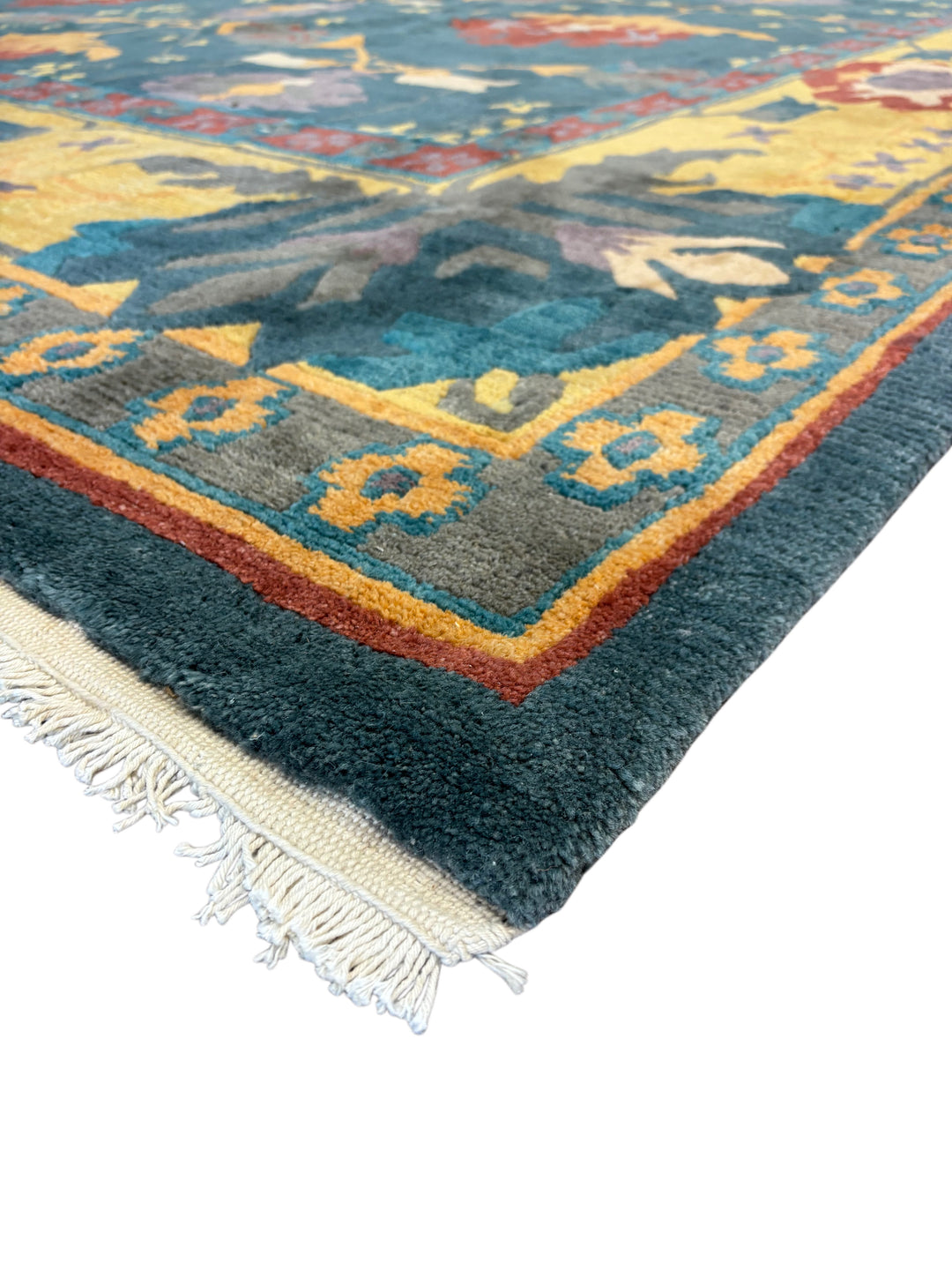 Hand-Knotted Tibetan Wool Rug – Teal &amp; Gold – 11’11” x 16’5”
