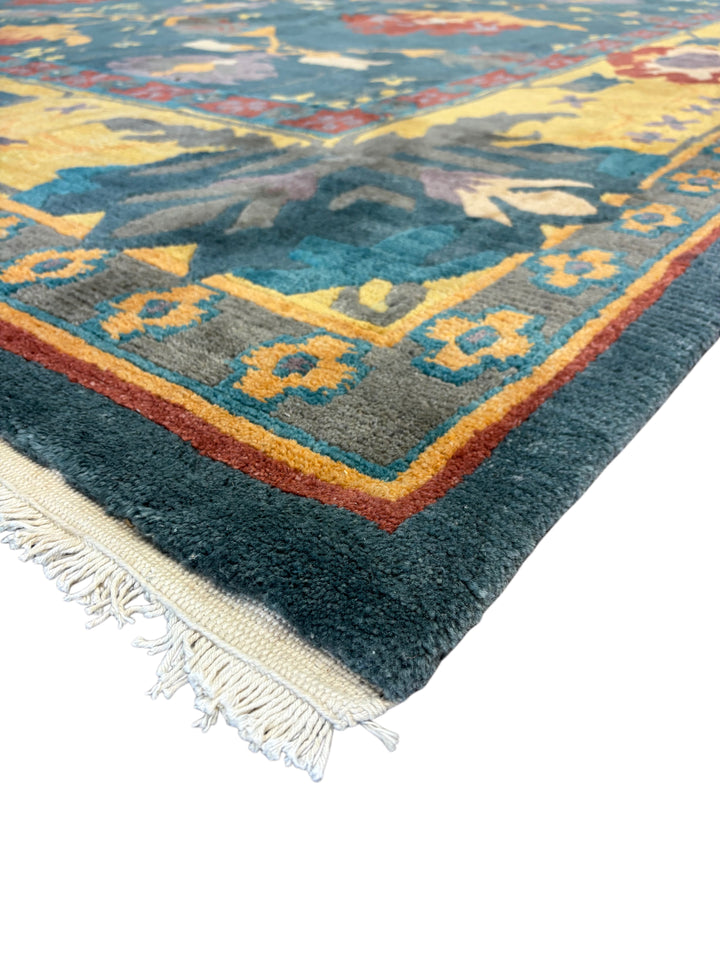Hand-Knotted Tibetan Wool Rug – Teal &amp; Gold – 11’11” x 16’5”