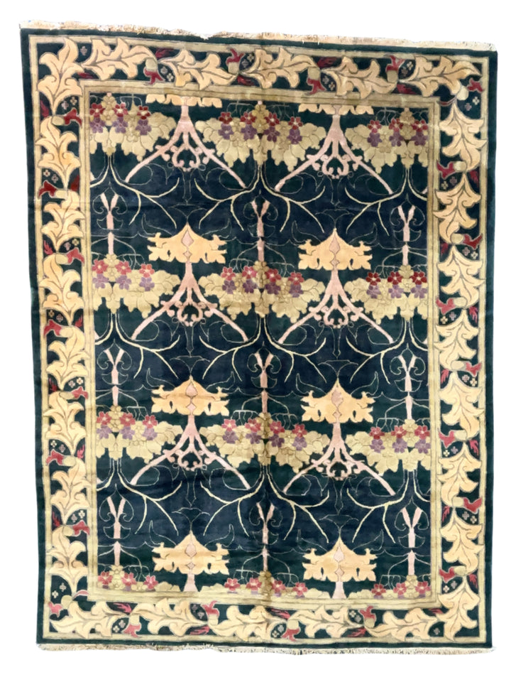 Green &amp; Gold Tibetan Wool Rug – Arts &amp; Crafts Style Hand-Knotted Rug – 11’1” × 14’11”