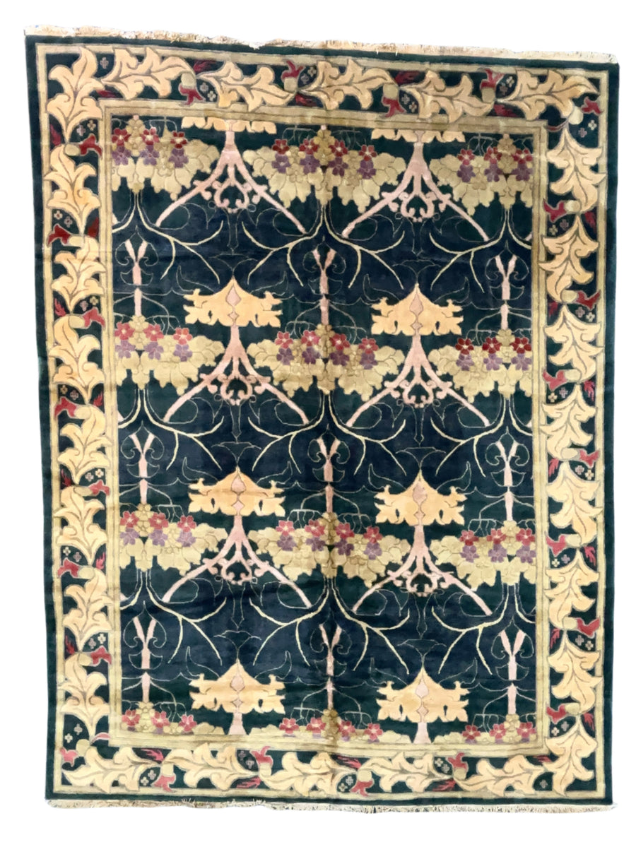 Green & Gold Tibetan Wool Rug – Arts & Crafts Style Hand-Knotted Rug – 11’1” × 14’11”