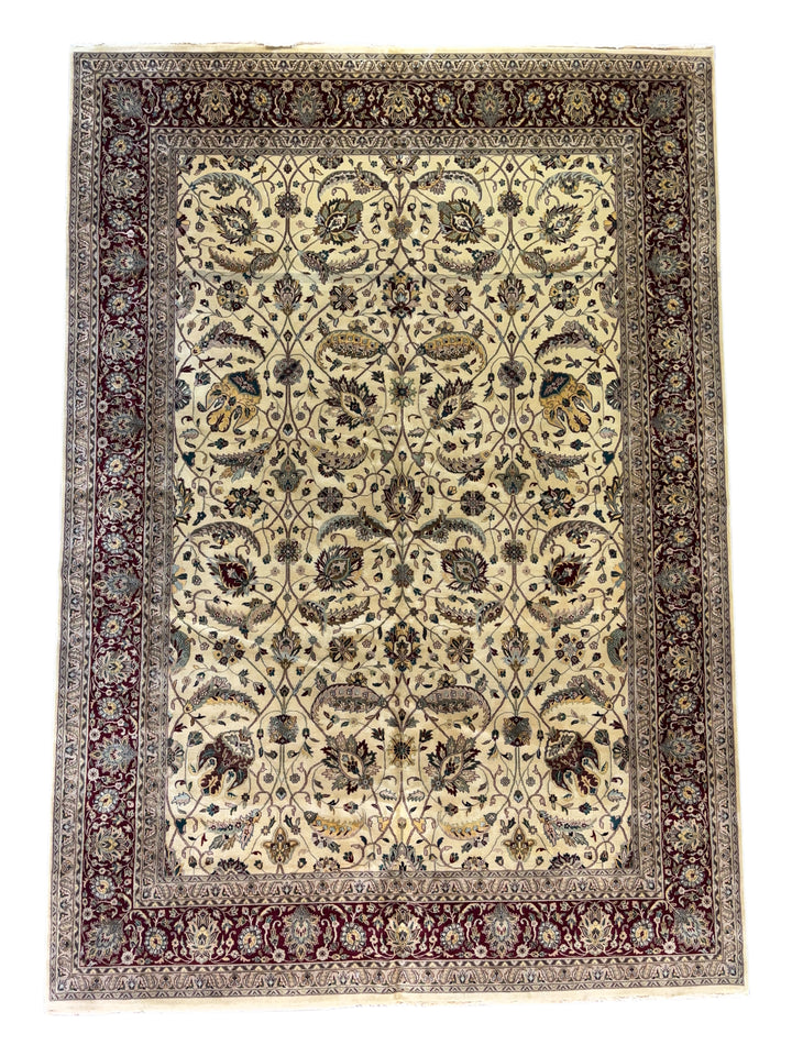 Hand-Knotted Wool Persian Style Rug – Ivory &amp; Burgundy Floral Design – 9’11” x 14’1”